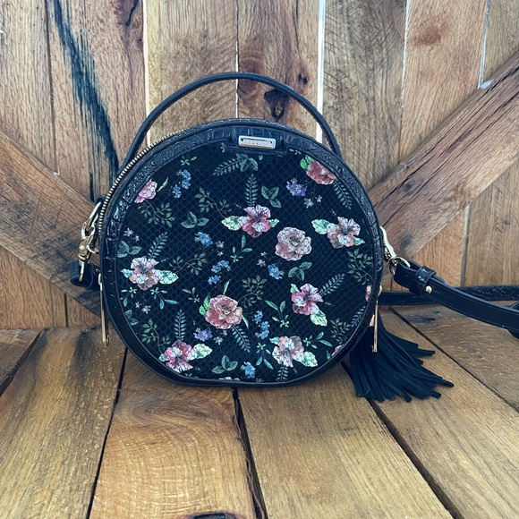 Brahmin Handbags - BRAHMIN LANE Thames Black Leather Floral Purse Cross Body Round Handbag